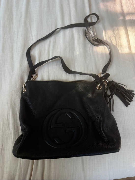 Gucci Handbags - Gucci Black Pebbled Leather Shoulder Bag with Embossed Logo